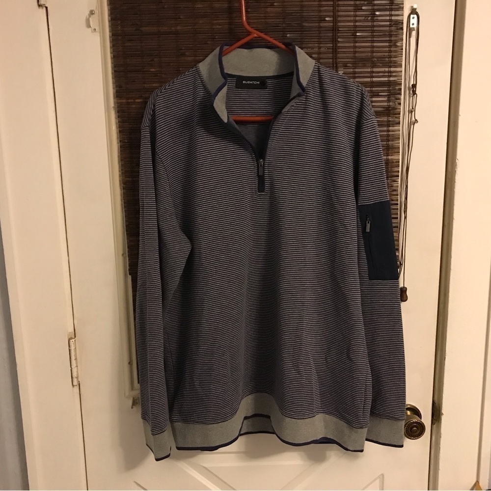 BUGATCHI MEN'S QUARTER-ZIP KNIT SWEATER IN CLASSIC BLUE AND GRAY STRIPES